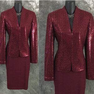BEAUTIFUL st john evening knit red embellished skirt suit M 8